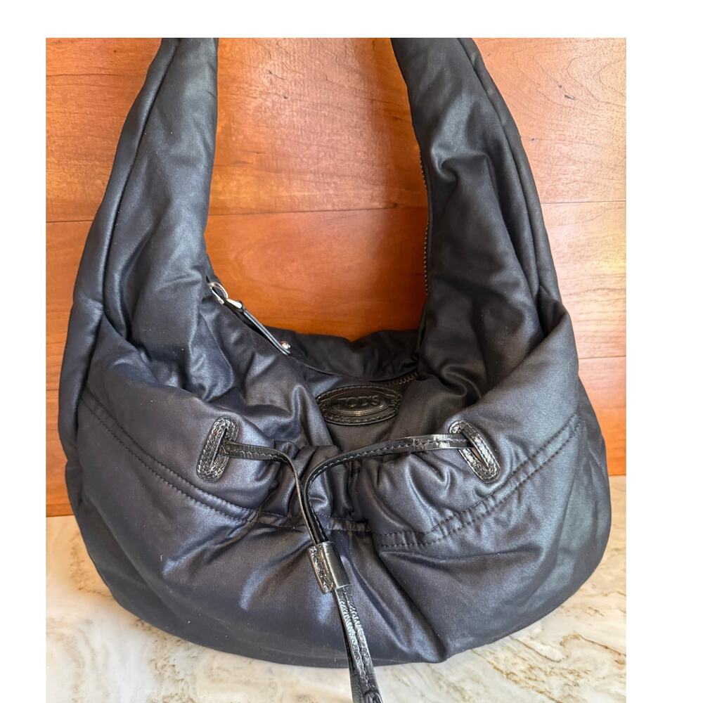 TOD'S Slouchy Puffy Nylon Hobo Bag Black